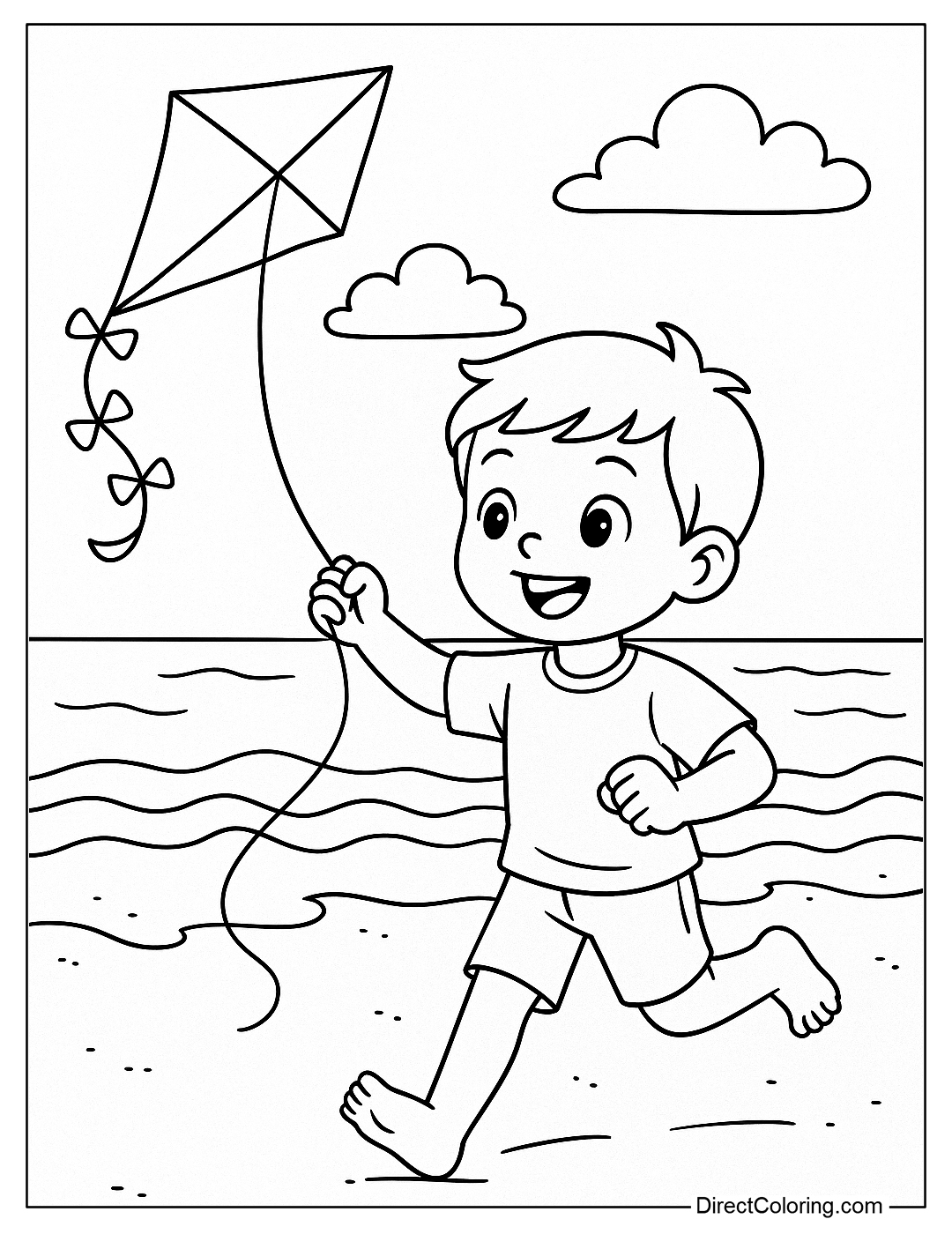 a beach coloring page with a little boy running on the sand, pulling a kite flying in the wind.